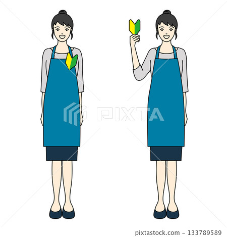 Full-body illustration of a woman in a blue apron posing with a smile wearing a new employee mark 133789589
