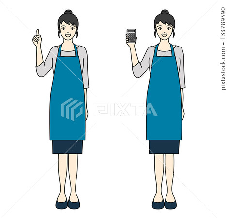 A full-body illustration of a smiling woman holding a calculator and a woman in a blue apron pointing 133789590