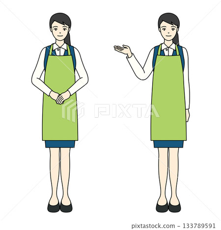 Full-body illustration of a woman in a green apron and shirt smiling and bowing or giving directions Full-body illustration of a woman in a green apron and shirt smiling and bowing or giving directions 133789591