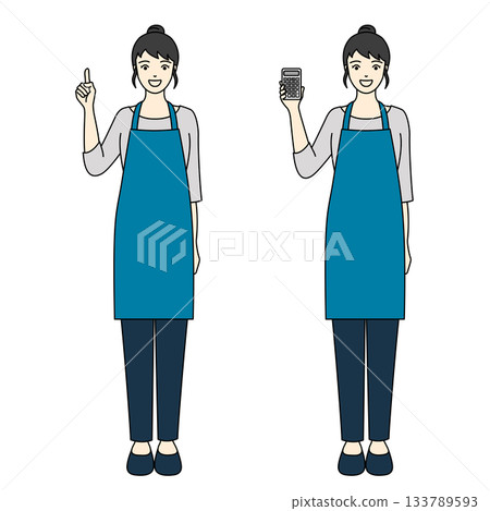A full-body illustration of a smiling woman holding a calculator and a woman wearing a blue apron and pants pointing 133789593