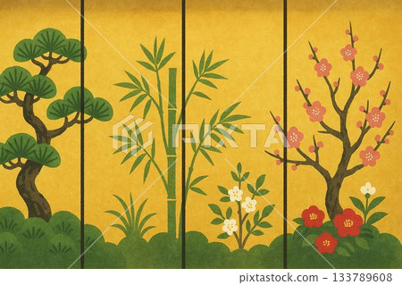 Golden screen and pine, bamboo, and plum - traditional composition Golden screen and pine, bamboo, and plum - traditional composition 133789608