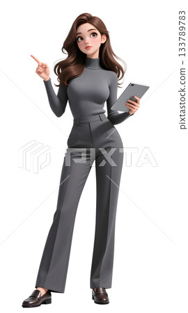 一位年輕女白領手持平板電腦進行講解的插圖。全身正面視圖。透明材質。 一位年輕女白領手持平板電腦進行講解的插圖。全身正面視圖。透明材質。 133789783
