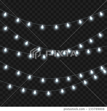 Christmas White Glowing String Lights Garland Set on Transparent Background. Vector 133789808