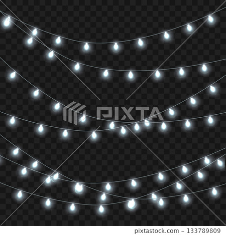 Christmas White Glowing String Lights Garland Set on Transparent Background. Vector Christmas White Glowing String Lights Garland Set on Transparent Background. Vector 133789809
