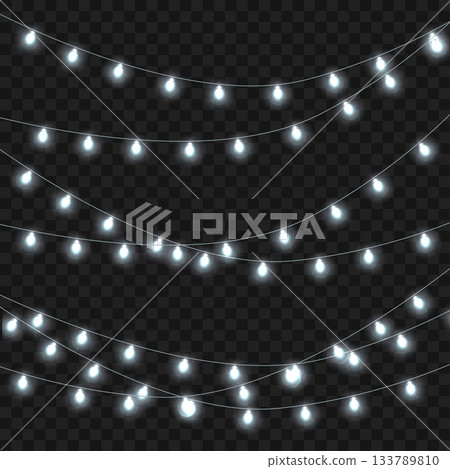 Christmas White Glowing String Lights Garland Set on Transparent Background. Vector 133789810