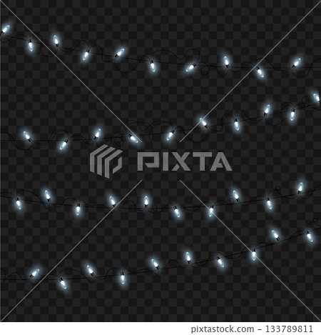 Christmas White Glowing String Lights Garland Set on Transparent Background. Vector 133789811