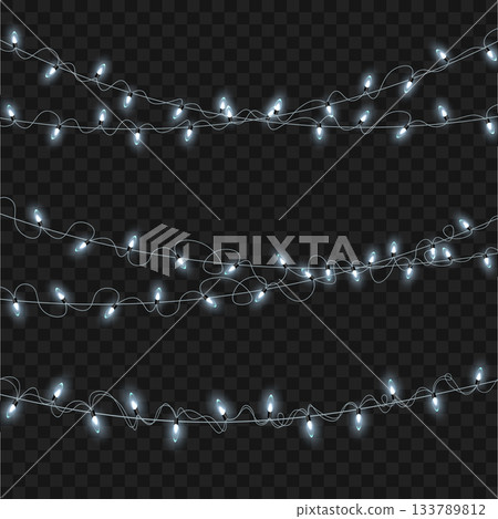 Christmas White Glowing String Lights Garland Set on Transparent Background. Vector 133789812