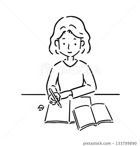 A young woman studying with her notebook and textbook open - line drawing A young woman studying with her notebook and textbook open - line drawing 133789890