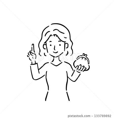 一位年輕女子手持錢包,食指向上伸出──線條畫 一位年輕女子手持錢包,食指向上伸出──線條畫 133789892