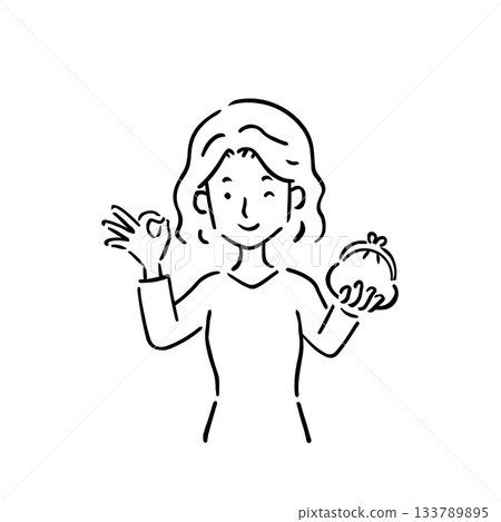一位年輕女子手持錢包，做出「OK」手勢——線條畫 133789895