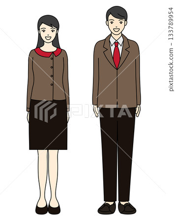 Smiling business man and woman in brown uniforms and suits facing forward (full body) 133789954