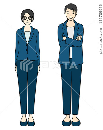 Full-body illustration of smiling men and women standing in blue casual suits Full-body illustration of smiling men and women standing in blue casual suits 133789956