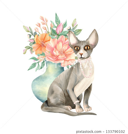Sphynx cat and vase of flowers. Hairless kitty with pearl necklace, bracelet on paw and delicate peonies. Spring cute floral composition with pet. Luxurious animal. Watercolor isolated illustration 133790102