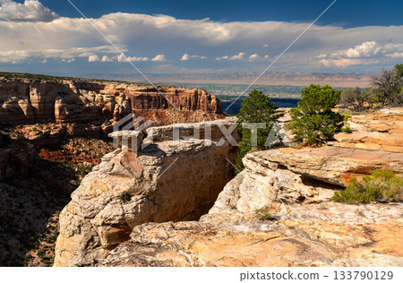 View from Cold Shivers Point Overlook in Colorado National Monument. White sandstone is in the foreground, with Columbus Canyon and the Grand Valley below 133790129