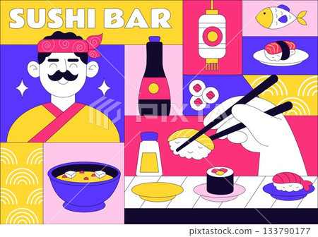 Sushi Bar Vector Illustration Featuring Japanese Asian Food or Restaurant Serving Sashimi, Rice, Soy Sauce, and Wasabi in a Flat Background Sushi Bar Vector Illustration Featuring Japanese Asian Food or Restaurant Serving Sashimi, Rice, Soy Sauce, and Wasabi in a Flat Background 133790177
