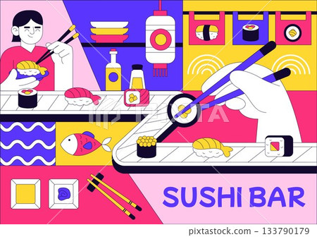 Sushi Bar Vector Illustration Featuring Japanese Asian Food or Restaurant Serving Sashimi, Rice, Soy Sauce, and Wasabi in a Flat Background Sushi Bar Vector Illustration Featuring Japanese Asian Food or Restaurant Serving Sashimi, Rice, Soy Sauce, and Wasabi in a Flat Background 133790179