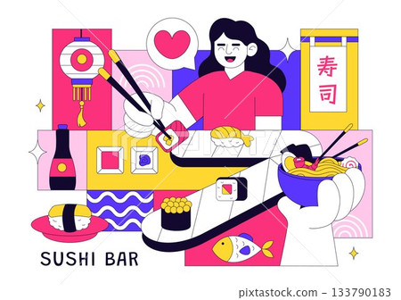 Sushi Bar Vector Illustration Featuring Japanese Asian Food or Restaurant Serving Sashimi, Rice, Soy Sauce, and Wasabi in a Flat Background Sushi Bar Vector Illustration Featuring Japanese Asian Food or Restaurant Serving Sashimi, Rice, Soy Sauce, and Wasabi in a Flat Background 133790183