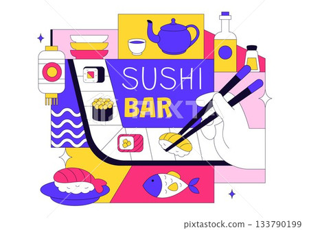 Sushi Bar Vector Illustration Featuring Japanese Asian Food or Restaurant Serving Sashimi, Rice, Soy Sauce, and Wasabi in a Flat Background Sushi Bar Vector Illustration Featuring Japanese Asian Food or Restaurant Serving Sashimi, Rice, Soy Sauce, and Wasabi in a Flat Background 133790199