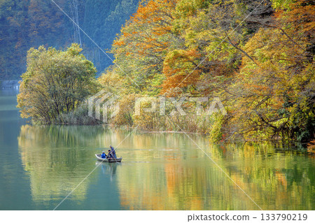 Autumn view of the Mugenkyo Ferry from Hayato Station on the Tadami Line (Mishima Town, Fukushima Prefecture, just after noon in early November) 133790219