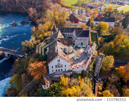 Panoramic aerial view of the Rhine Falls and Laufen Castle in Schaffhausen in autumn. Neuhausen, Canton of Schaffhausen, Switzerland 133790352