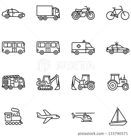 A collection of sixteen black and white line-art icons depicting various modes of transportation and specialized vehicles, including cars, trucks, buses, emergency vehicles, construction equipment, an 133790571