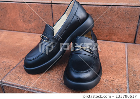 Elegant black leather womens shoes displayed. New black leather female shoes with glossy finish, perfect for style magazines footwear ads and modern elegant fashion e-commerce layouts. No logo 133790617