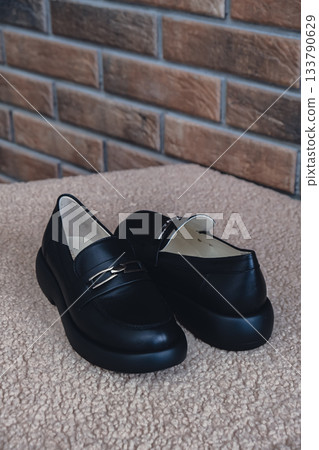 Elegant black leather womens shoes displayed. New black leather female shoes with glossy finish, perfect for style magazines footwear ads and modern elegant fashion e-commerce layouts. No logo Elegant black leather womens shoes displayed. New black leather female shoes with glossy finish, perfect for style magazines footwear ads and modern elegant fashion e-commerce layouts. No logo 133790629