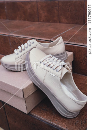 Minimalist eco-friendly white sneakers placed on recycled cardboard box, clean design for sustainable fashion concepts. New unbranded beige sneakers footwear mockups and modern product displays. For Minimalist eco-friendly white sneakers placed on recycled cardboard box, clean design for sustainable fashion concepts. New unbranded beige sneakers footwear mockups and modern product displays. For 133790655