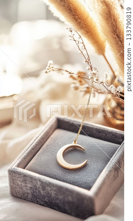 Luxury jewelry campaign features a delicate gold crescent moon pendant on a velvet box in a boutique setting with soft lighting 133790819