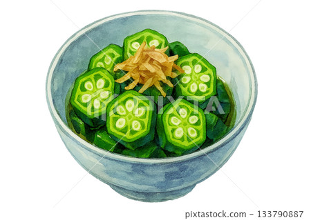 Watercolor illustration of boiled okra (bonito flakes, small bowl, transparent background) 133790887