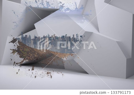 Abstract flat design is showing white form bursting soil and leaves through opening toward skyline Abstract flat design is showing white form bursting soil and leaves through opening toward skyline 133791173
