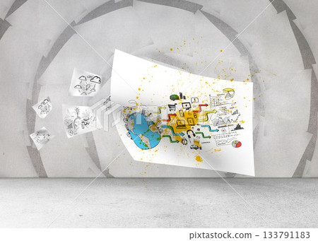 Sheet with graphic over spiral background Sheet with graphic over spiral background 133791183