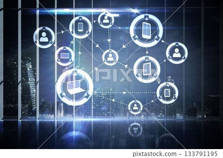 Hologram interface in office overlooking city 133791195