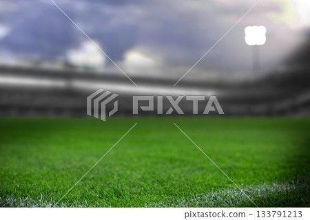 Flat illustration is showing vibrant green grass soccer pitch with curved stands, floodlight tower Flat illustration is showing vibrant green grass soccer pitch with curved stands, floodlight tower 133791213
