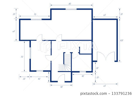 floor plan is showing flat design with blue walls door arcs, staircase, dimensions copy space 133791236