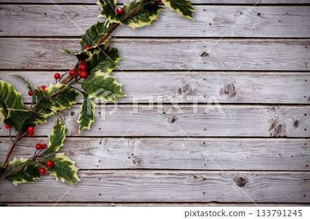 Holly twigs over wooden planks Holly twigs over wooden planks 133791245