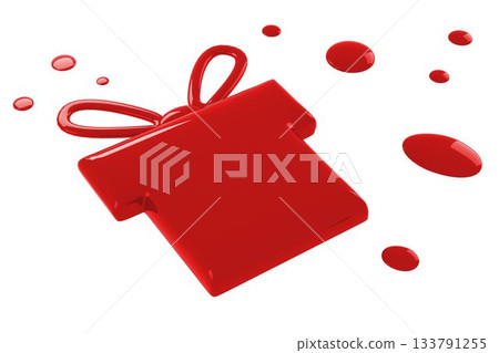 Glossy 3D red T-shirt-shaped gift icon with bow is resting on background with droplets, copy space Glossy 3D red T-shirt-shaped gift icon with bow is resting on background with droplets, copy space 133791255