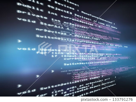 Stylized glowing 3D code lines are floating across blurred blue purple gradient backdrop 133791276