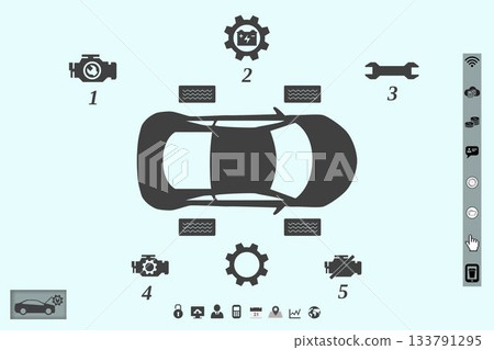 Flat design is showing top-down car with diagnostic icons and UI toolbars on light blue background 133791295