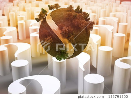 Earth with trees floating over question marks Earth with trees floating over question marks 133791300