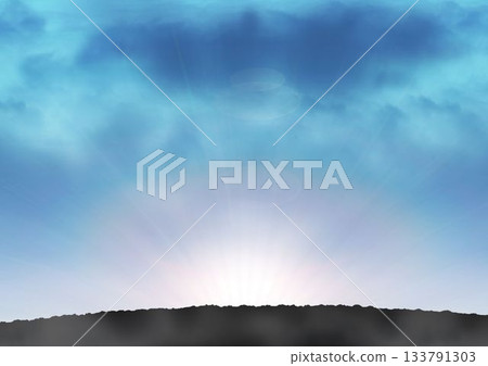 Sunrise rays are emerging behind low rocky ridge silhouette with scattered clouds in flat design 133791303