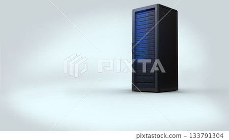 Black server tower is standing in flat minimal studio, with glowing blue LED panels, copy space Black server tower is standing in flat minimal studio, with glowing blue LED panels, copy space 133791304