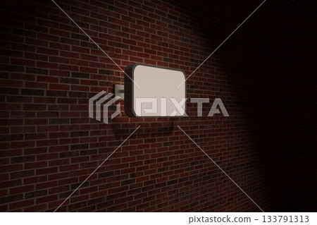 Rectangular illuminated sign box is casting glow onto dark red brick wall in flat vector design Rectangular illuminated sign box is casting glow onto dark red brick wall in flat vector design 133791313