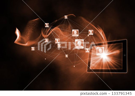 Flat design showing tablet emitting glowing avatar nodes connected by lines with digital waves 133791345