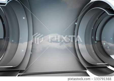 Circular metallic portal is revealing cloudy sky through glowing rings and particles in flat design Circular metallic portal is revealing cloudy sky through glowing rings and particles in flat design 133791388