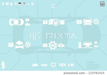 Displaying top-down car silhouette on teal radiating links to flat-design icons like user and map 133791425