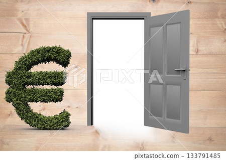 Topiary of euro sign by open door 133791485