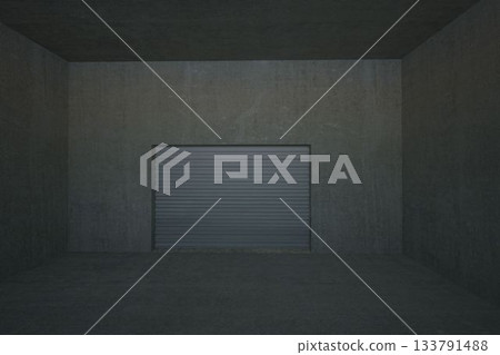 Closed corrugated roller shutter door is standing in concrete chamber with ambient light, 3D render Closed corrugated roller shutter door is standing in concrete chamber with ambient light, 3D render 133791488
