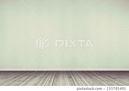 Empty room is featuring wooden floor, mint-green damask wallpaper, white baseboard in flat design 133791491