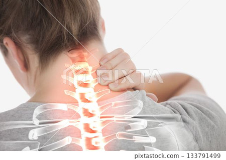 Highlighted spine of woman with neck pain 133791499